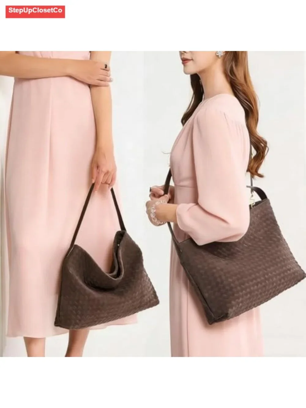 Woven Faux Leather Hobo Shoulder Bag Adjustable Crossbody Satchel Handbag